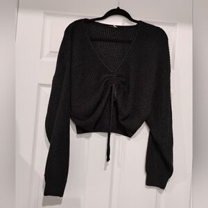 Black Plunge Neck Ruched Cable Knit Top In Size Large